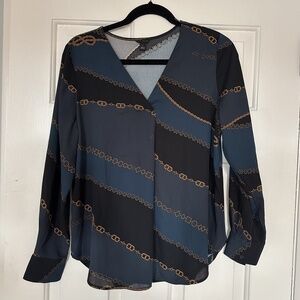 Ann Taylor Black and Blue Blouse with Gold Chain Pattern